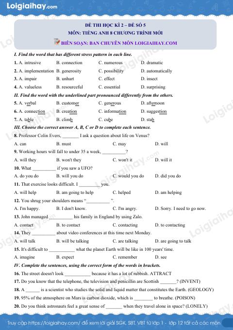 Đề số 5 - Đề kiểm tra học kỳ 2 - Tiếng Anh 8 mới
